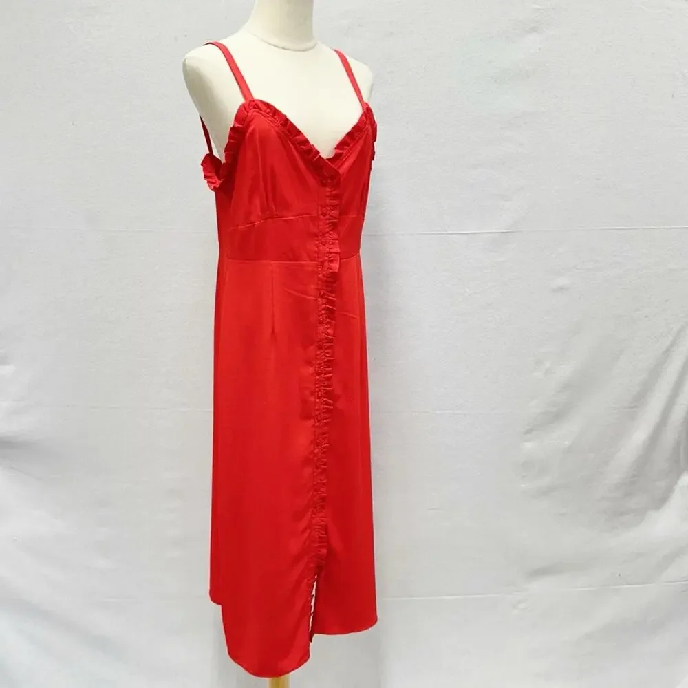 Topshop red ruffle accent button up sweetheart midi sunndress US size 8‎